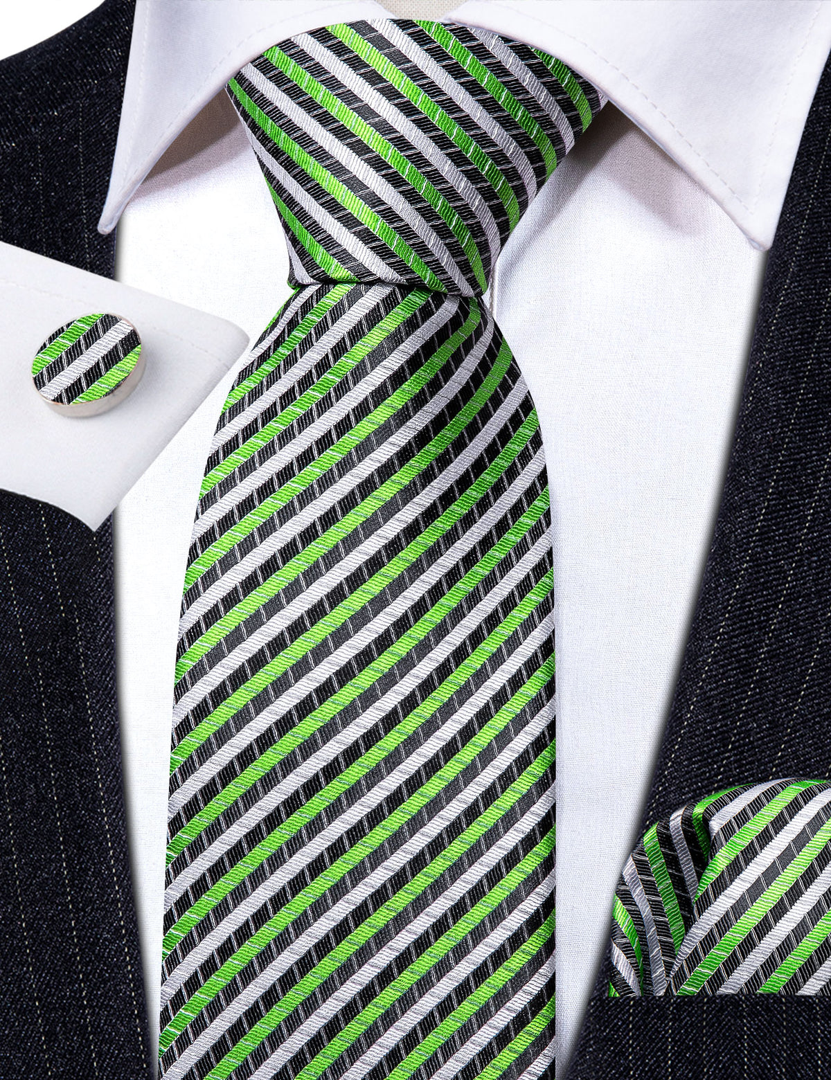 Green White Chartreuse Striped Silk Tie, Pocket Square and Cufflinks Set tie sets - Sophisticated Gentlemen