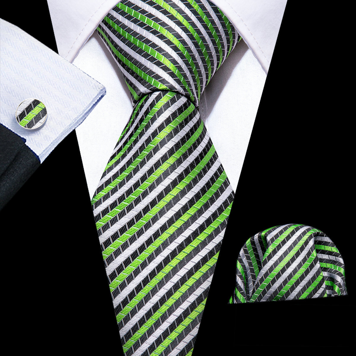 Green White Chartreuse Striped Silk Tie, Pocket Square and Cufflinks Set tie sets - Sophisticated Gentlemen