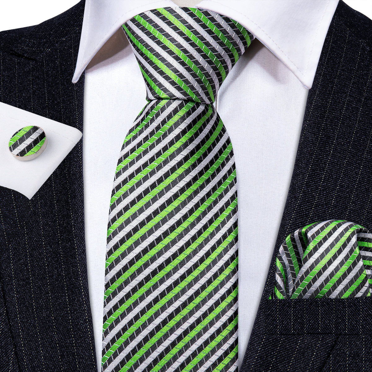 Green White Chartreuse Striped Silk Tie, Pocket Square and Cufflinks Set tie sets - Sophisticated Gentlemen