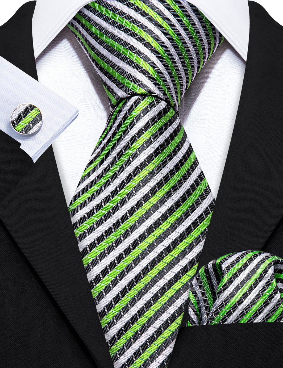 Green White Chartreuse Striped Silk Tie, Pocket Square and Cufflinks Set tie sets - Sophisticated Gentlemen