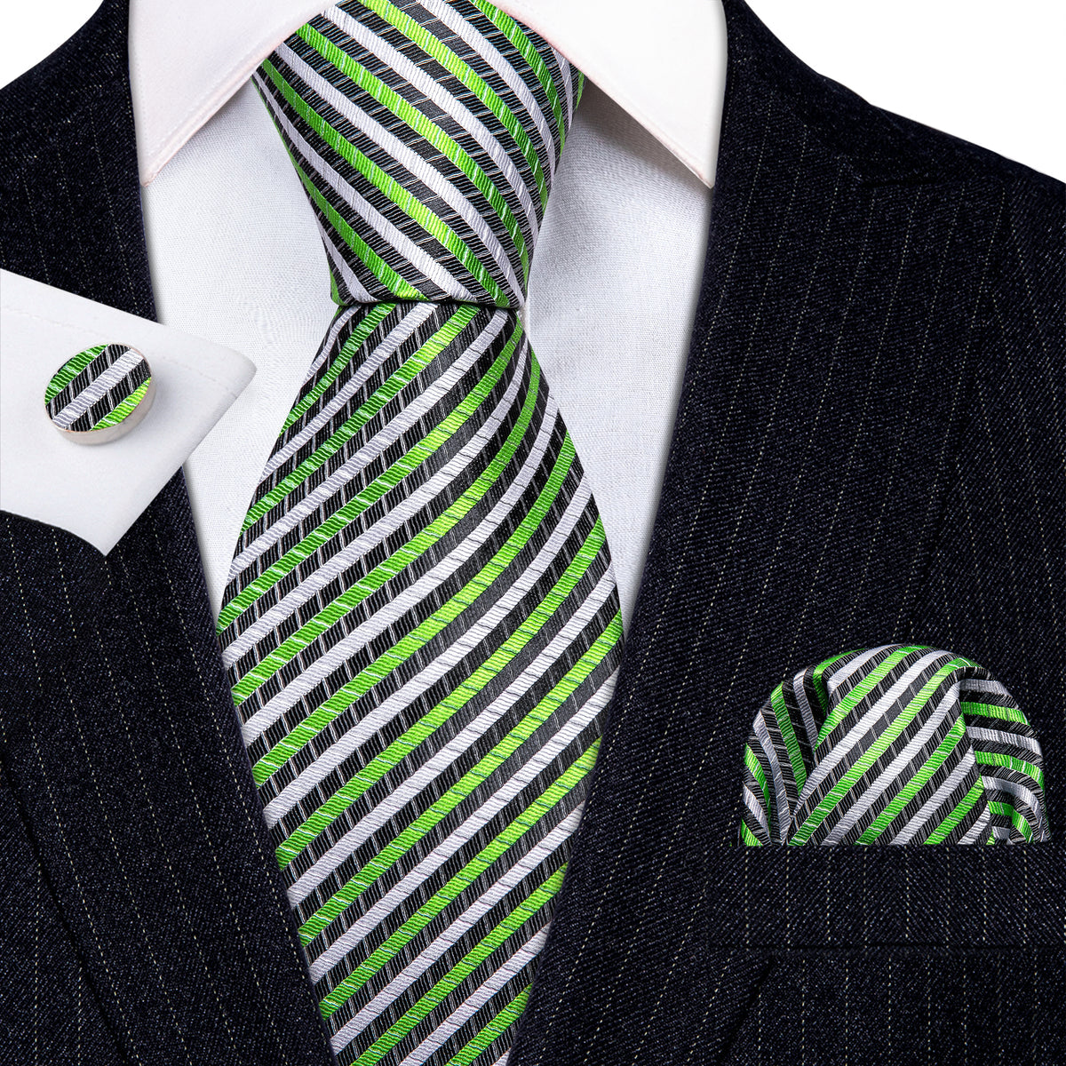 Green White Chartreuse Striped Silk Tie, Pocket Square and Cufflinks Set tie sets - Sophisticated Gentlemen