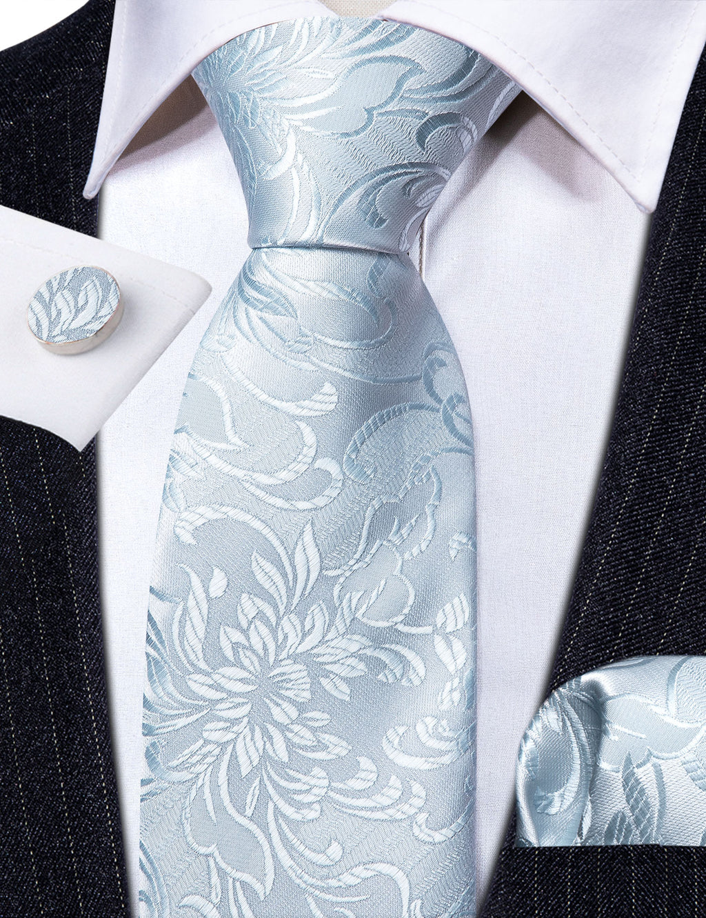 White Peony Flower Silk Tie, Pocket Square and Cufflinks Set tie sets - Sophisticated Gentlemen