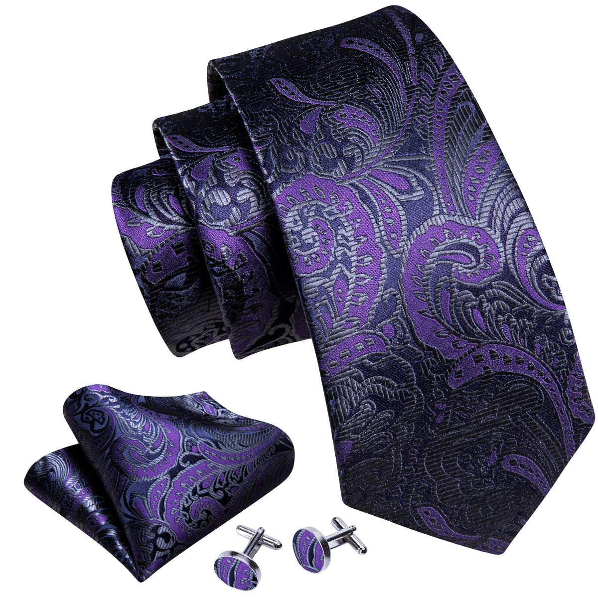 Purple Black Paisley Silk Tie, Pocket Square and Cufflinks Set tie sets - Sophisticated Gentlemen