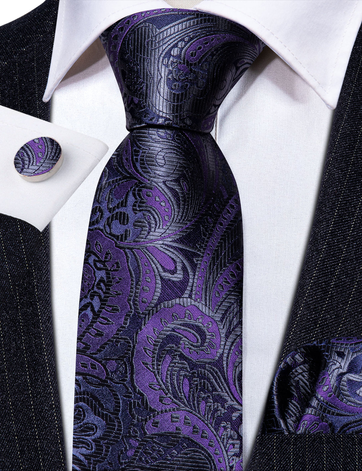Purple Black Paisley Silk Tie, Pocket Square and Cufflinks Set tie sets - Sophisticated Gentlemen