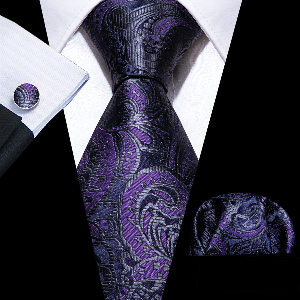 Purple Black Paisley Silk Tie, Pocket Square and Cufflinks Set tie sets - Sophisticated Gentlemen