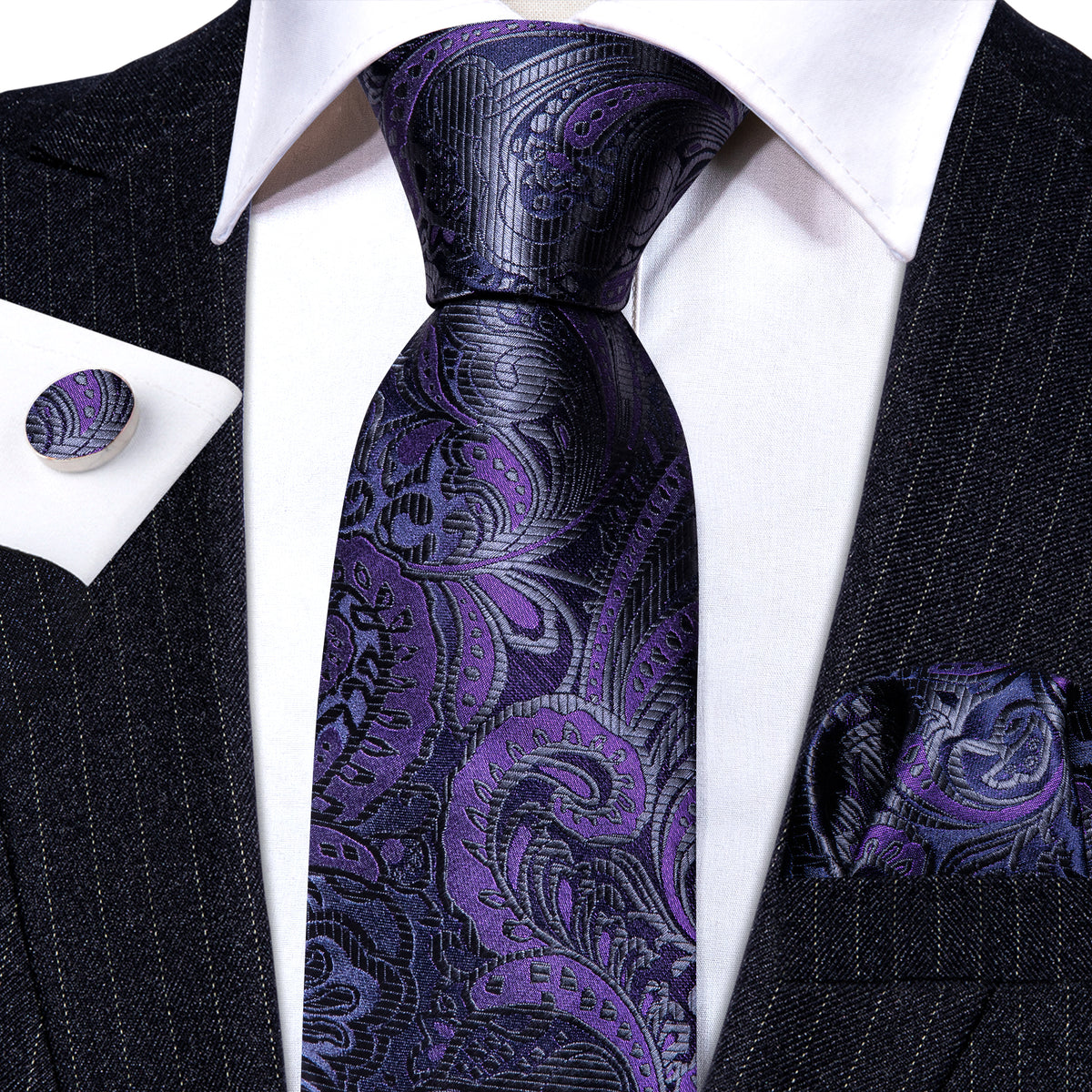 Purple Black Paisley Silk Tie, Pocket Square and Cufflinks Set tie sets - Sophisticated Gentlemen