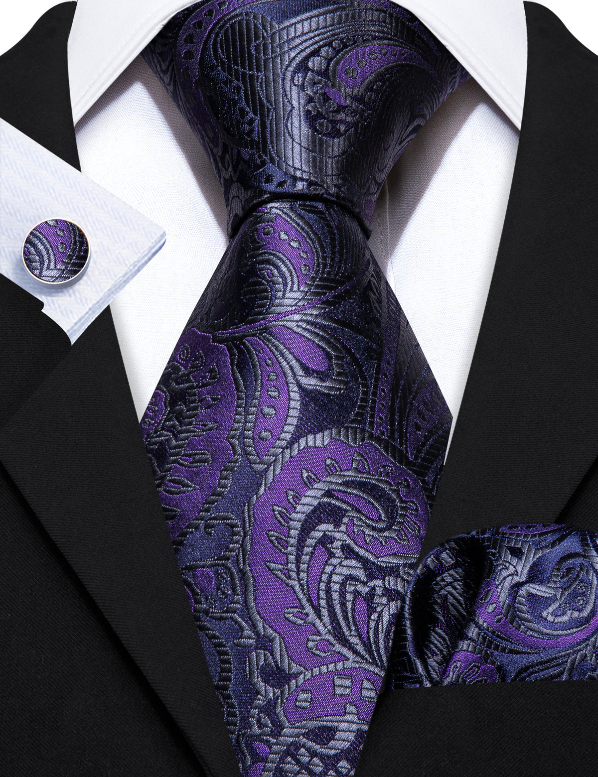 Purple Black Paisley Silk Tie, Pocket Square and Cufflinks Set tie sets - Sophisticated Gentlemen