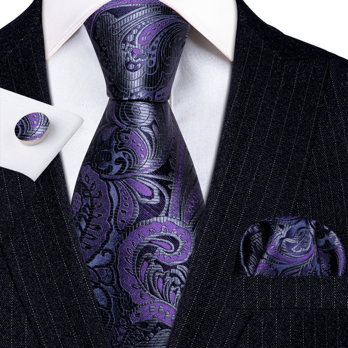 Purple Black Paisley Silk Tie, Pocket Square and Cufflinks Set tie sets - Sophisticated Gentlemen