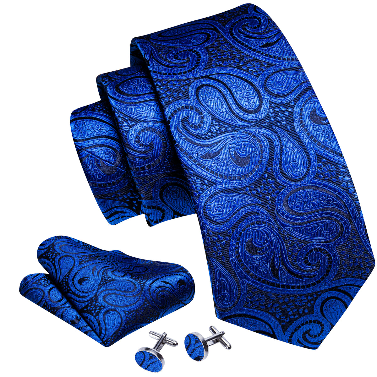 Navy Blue Paisley Silk Tie, Pocket Square and Cufflinks Set tie sets - Sophisticated Gentlemen