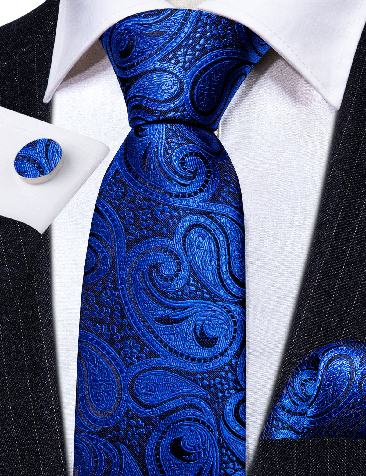 Navy Blue Paisley Silk Tie, Pocket Square and Cufflinks Set tie sets - Sophisticated Gentlemen
