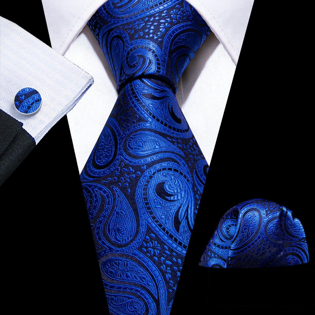 Navy Blue Paisley Silk Tie, Pocket Square and Cufflinks Set tie sets - Sophisticated Gentlemen