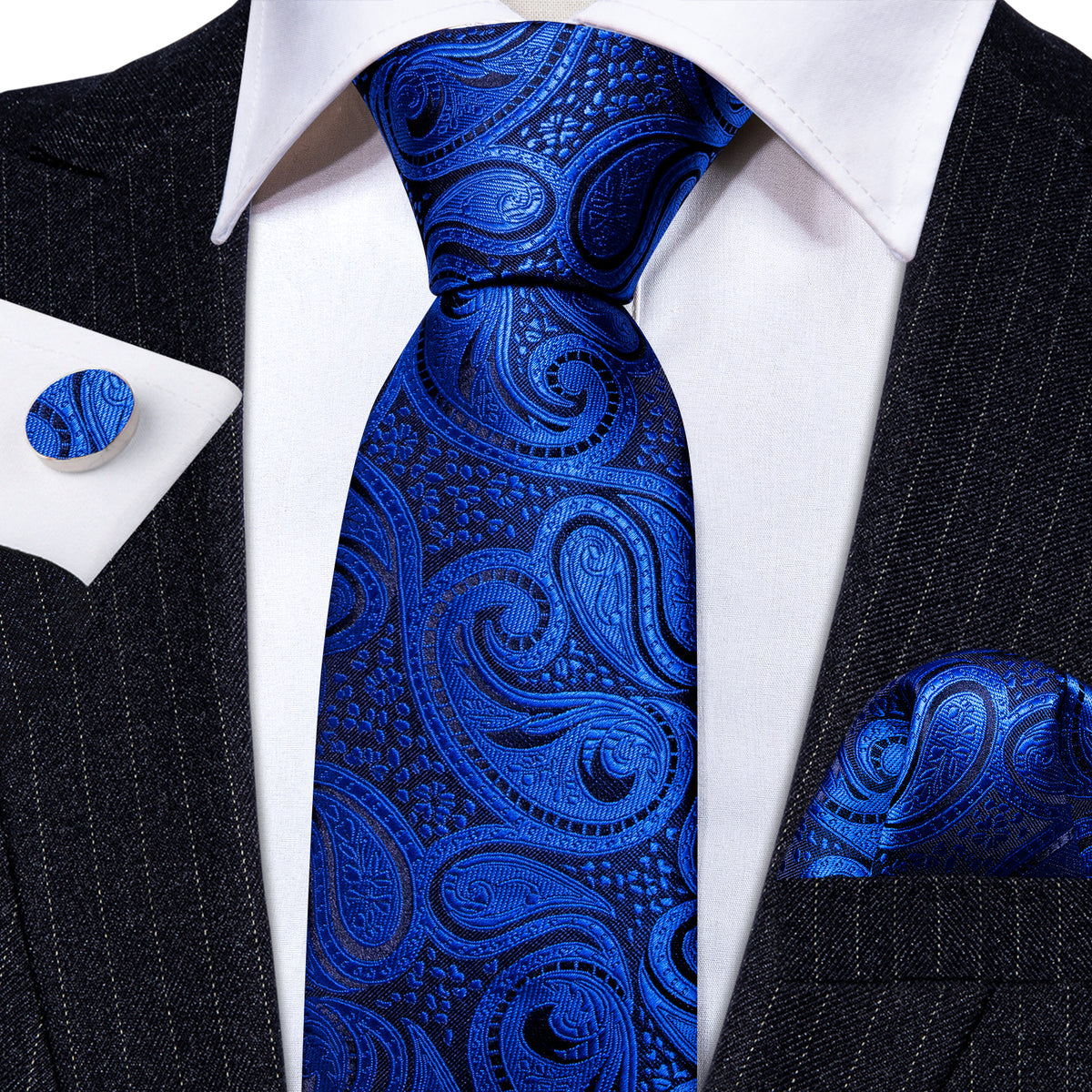 Navy Blue Paisley Silk Tie, Pocket Square and Cufflinks Set tie sets - Sophisticated Gentlemen