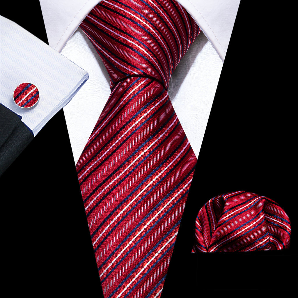 Red White Striped Silk Tie, Pocket Square and Cufflinks Set tie sets - Sophisticated Gentlemen