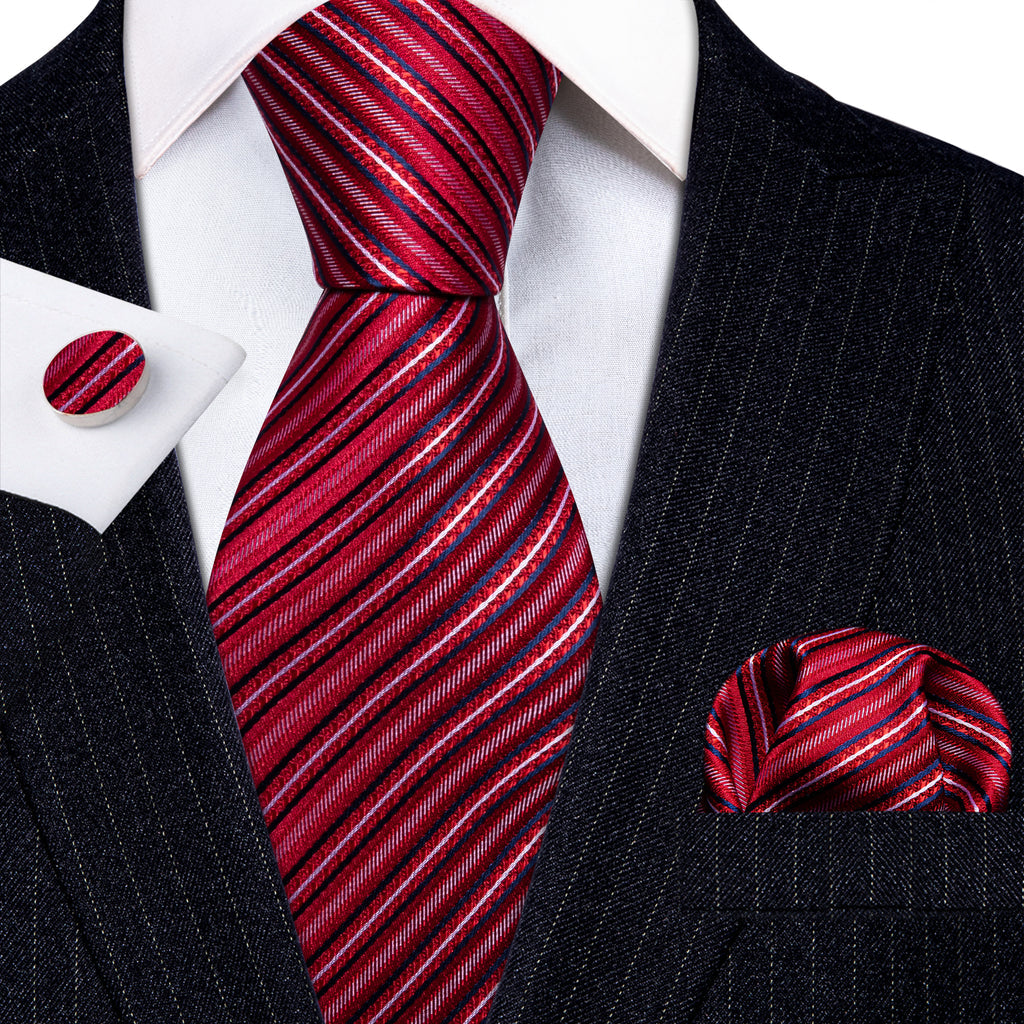 Red White Striped Silk Tie, Pocket Square and Cufflinks Set tie sets - Sophisticated Gentlemen