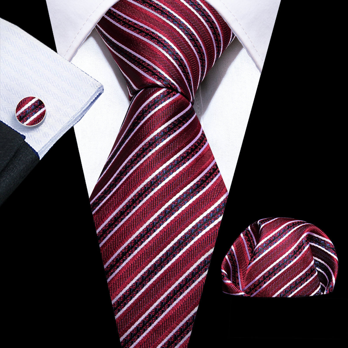 Red Striped Silk Tie, Pocket Square and Cufflinks Set tie sets - Sophisticated Gentlemen