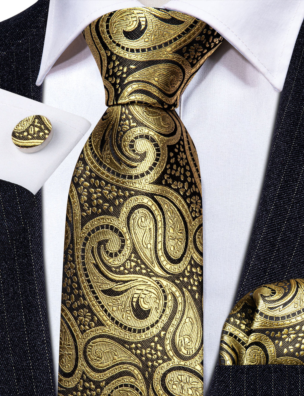 Gold Black Paisley Silk Tie, Pocket Square and Cufflinks Set tie sets - Sophisticated Gentlemen