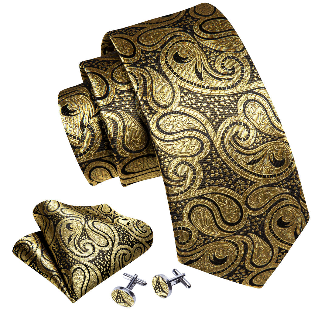 Gold Black Paisley Silk Tie, Pocket Square and Cufflinks Set tie sets - Sophisticated Gentlemen