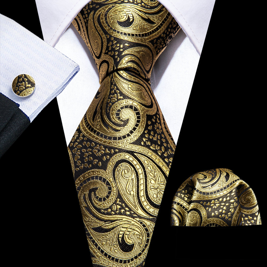 Gold Black Paisley Silk Tie, Pocket Square and Cufflinks Set tie sets - Sophisticated Gentlemen