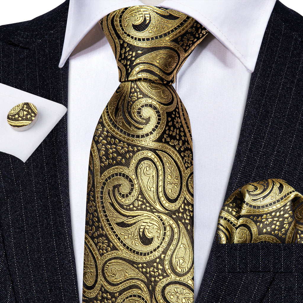 Gold Black Paisley Silk Tie, Pocket Square and Cufflinks Set tie sets - Sophisticated Gentlemen