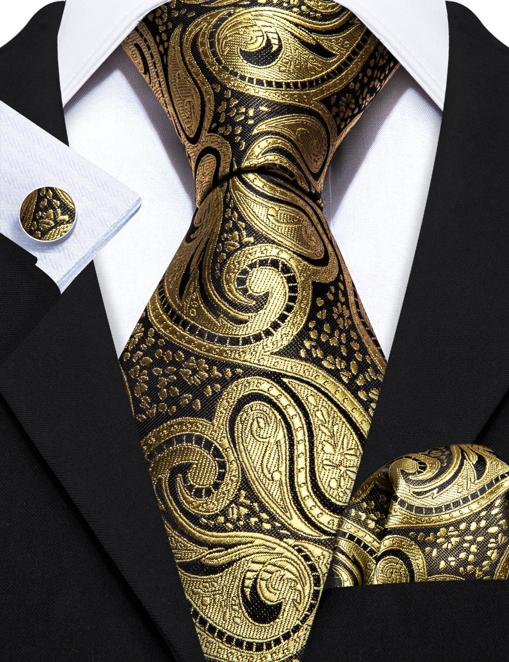 Gold Black Paisley Silk Tie, Pocket Square and Cufflinks Set tie sets - Sophisticated Gentlemen