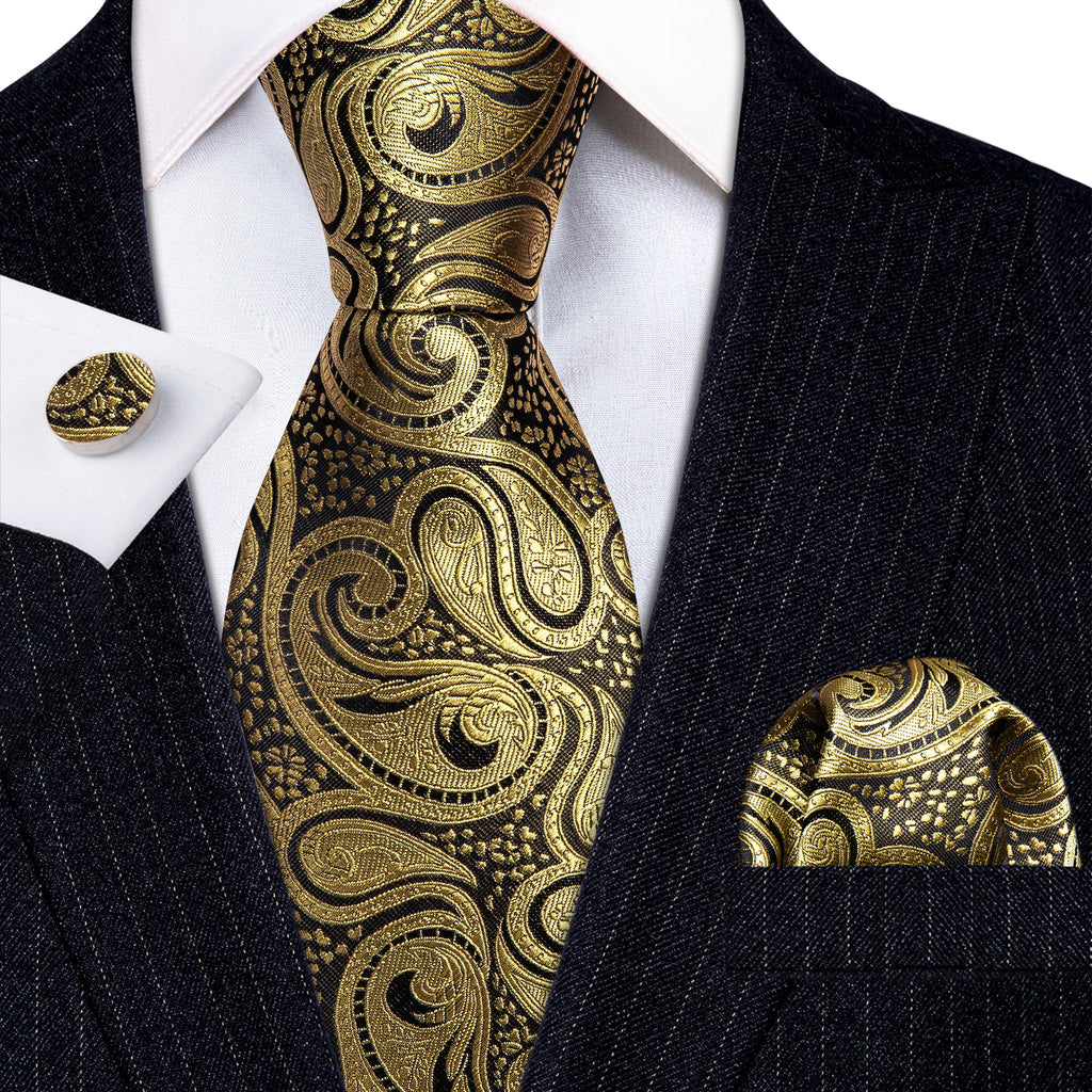 Gold Black Paisley Silk Tie, Pocket Square and Cufflinks Set tie sets - Sophisticated Gentlemen