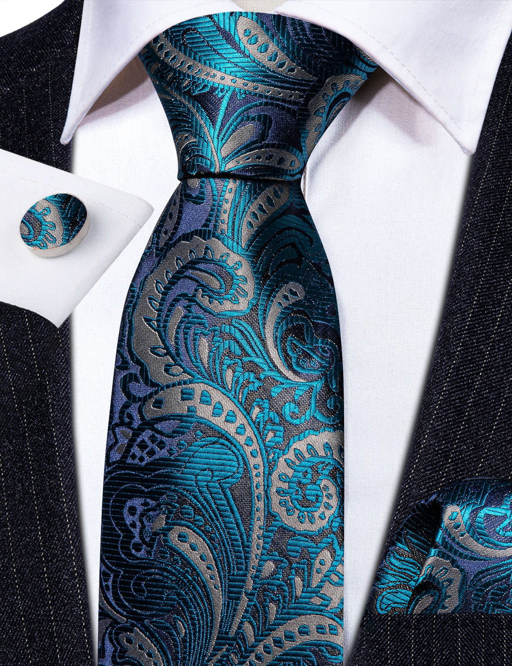 Blue Silver Paisley Silk Tie, Pocket Square and Cufflinks Set tie sets - Sophisticated Gentlemen