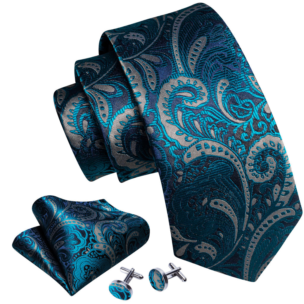 Blue Silver Paisley Silk Tie, Pocket Square and Cufflinks Set tie sets - Sophisticated Gentlemen
