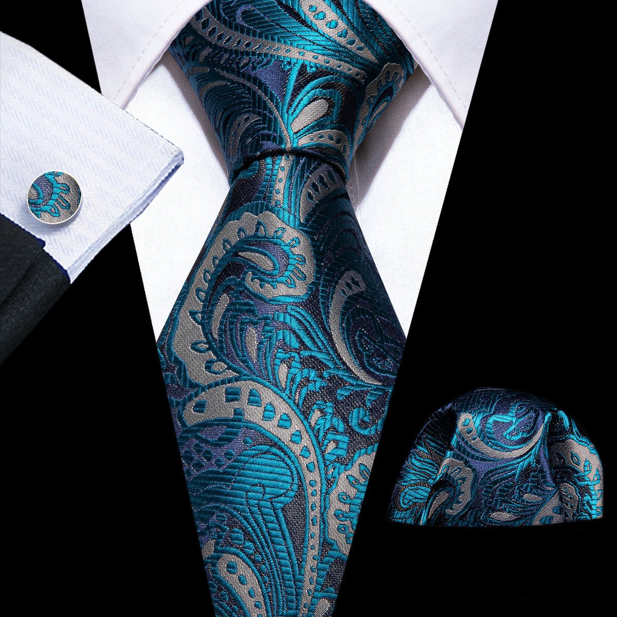 Blue Silver Paisley Silk Tie, Pocket Square and Cufflinks Set tie sets - Sophisticated Gentlemen