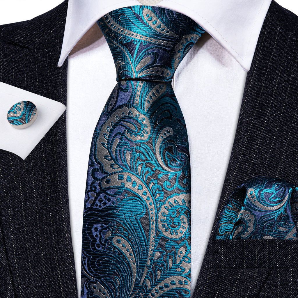 Blue Silver Paisley Silk Tie, Pocket Square and Cufflinks Set tie sets - Sophisticated Gentlemen