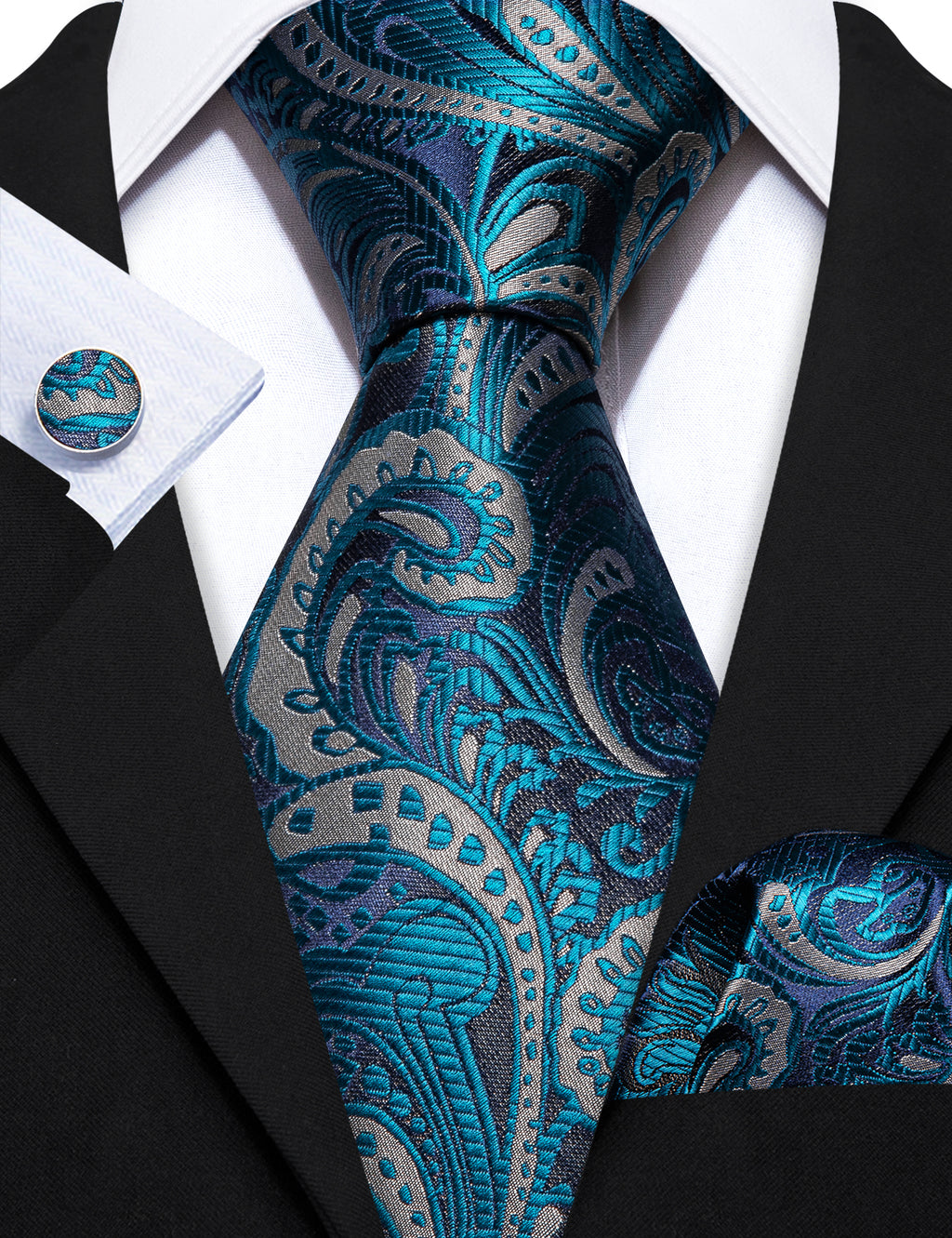 Blue Silver Paisley Silk Tie, Pocket Square and Cufflinks Set tie sets - Sophisticated Gentlemen