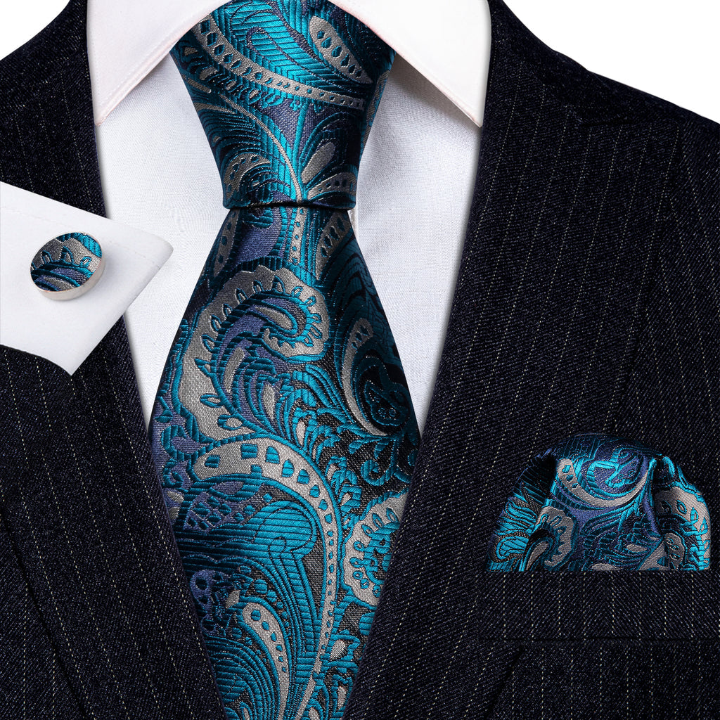 Blue Silver Paisley Silk Tie, Pocket Square and Cufflinks Set tie sets - Sophisticated Gentlemen