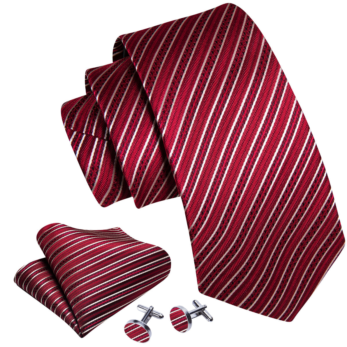 Red White Striped Silk Tie, Pocket Square and Cufflinks Set tie sets - Sophisticated Gentlemen