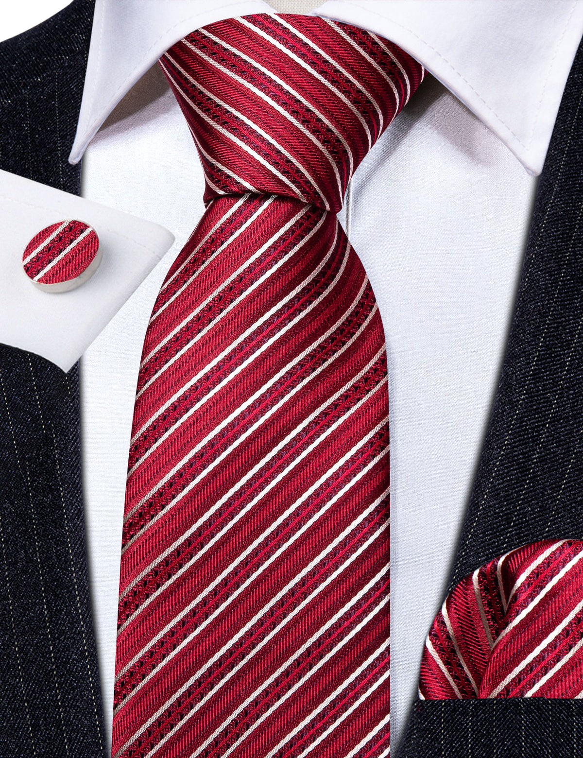 Red White Striped Silk Tie, Pocket Square and Cufflinks Set tie sets - Sophisticated Gentlemen