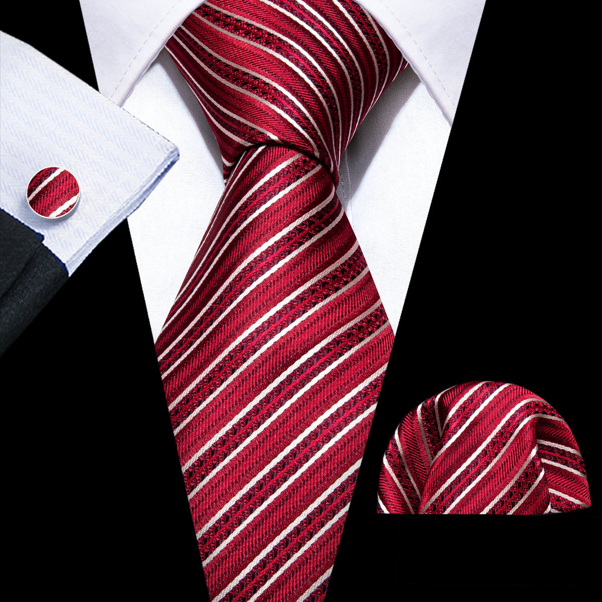 Red White Striped Silk Tie, Pocket Square and Cufflinks Set tie sets - Sophisticated Gentlemen