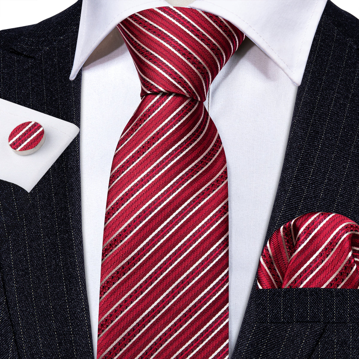 Red White Striped Silk Tie, Pocket Square and Cufflinks Set tie sets - Sophisticated Gentlemen