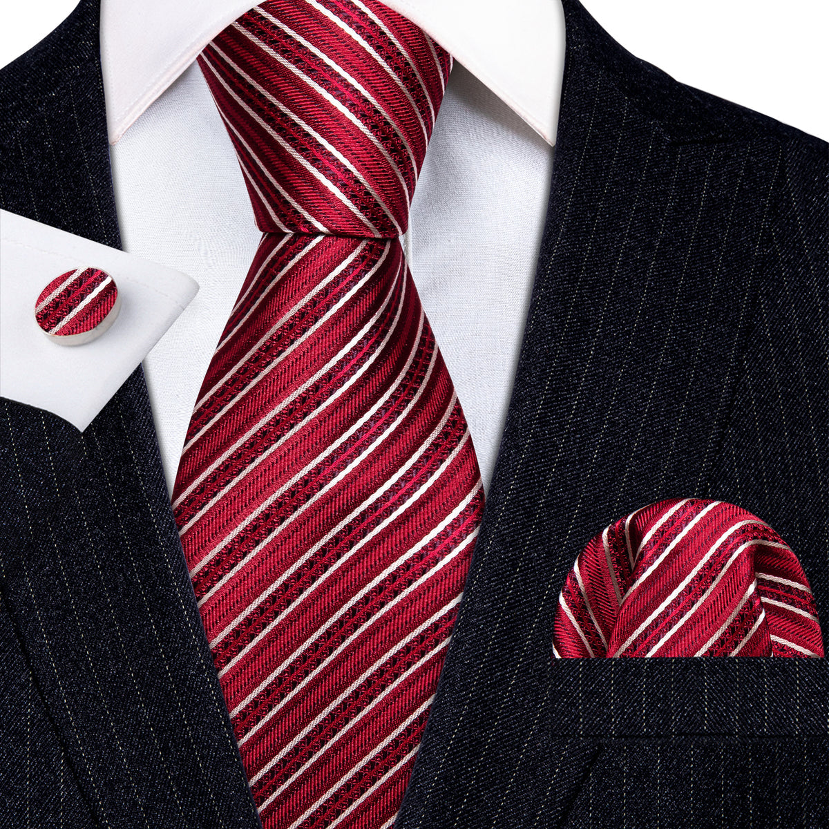 Red White Striped Silk Tie, Pocket Square and Cufflinks Set tie sets - Sophisticated Gentlemen