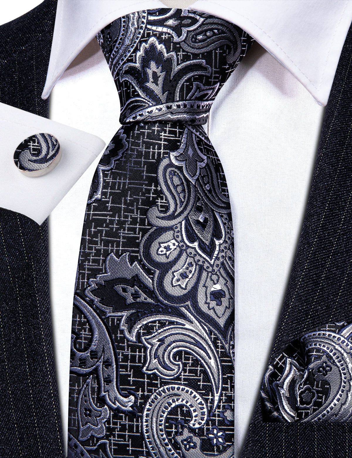 Black Silver Paisley Silk Tie, Pocket Square and Cufflinks Set tie sets - Sophisticated Gentlemen