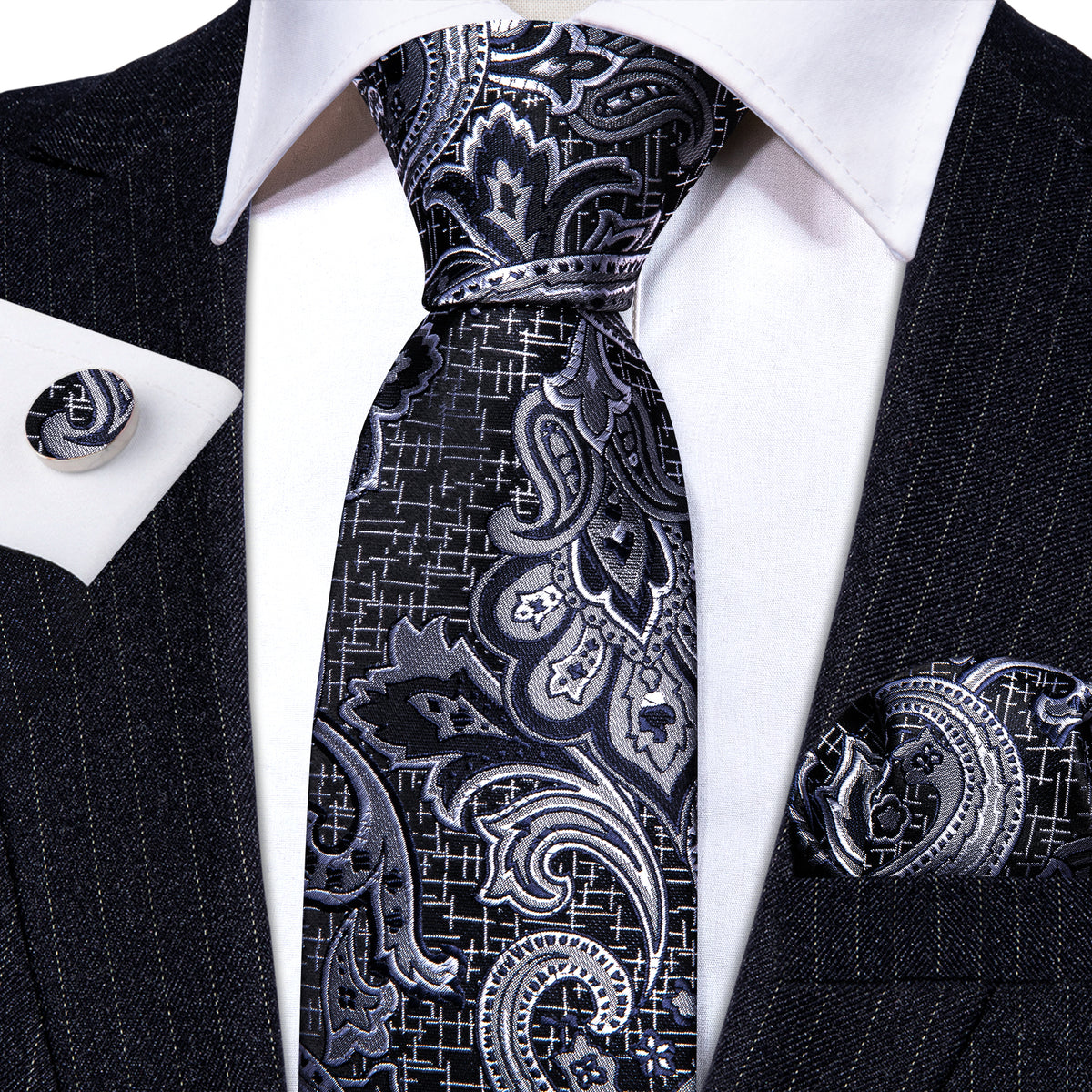 Black Silver Paisley Silk Tie, Pocket Square and Cufflinks Set tie sets - Sophisticated Gentlemen