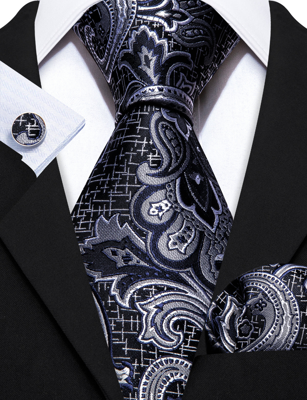 Black Silver Paisley Silk Tie, Pocket Square and Cufflinks Set tie sets - Sophisticated Gentlemen