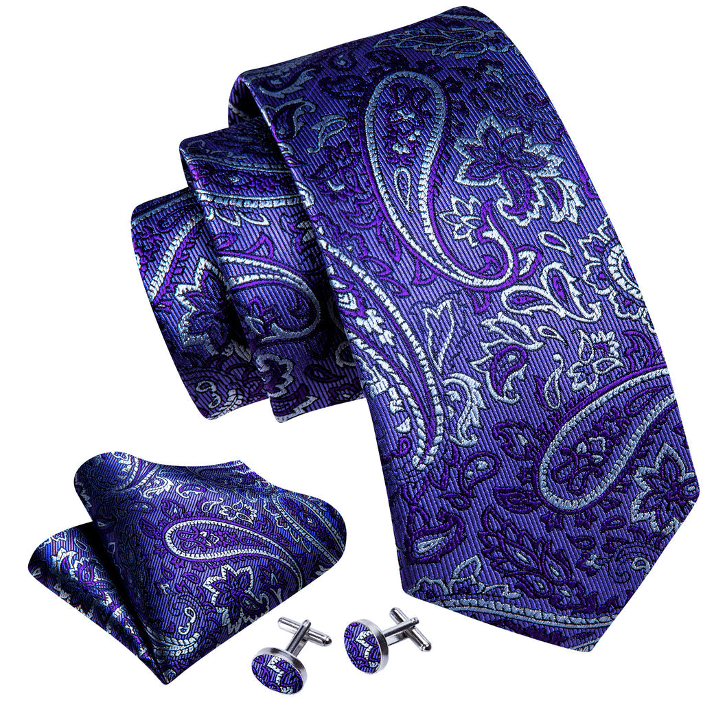 Midnight Blue Purple White Paisley Silk Tie, Pocket Square and Cufflinks Set tie sets - Sophisticated Gentlemen
