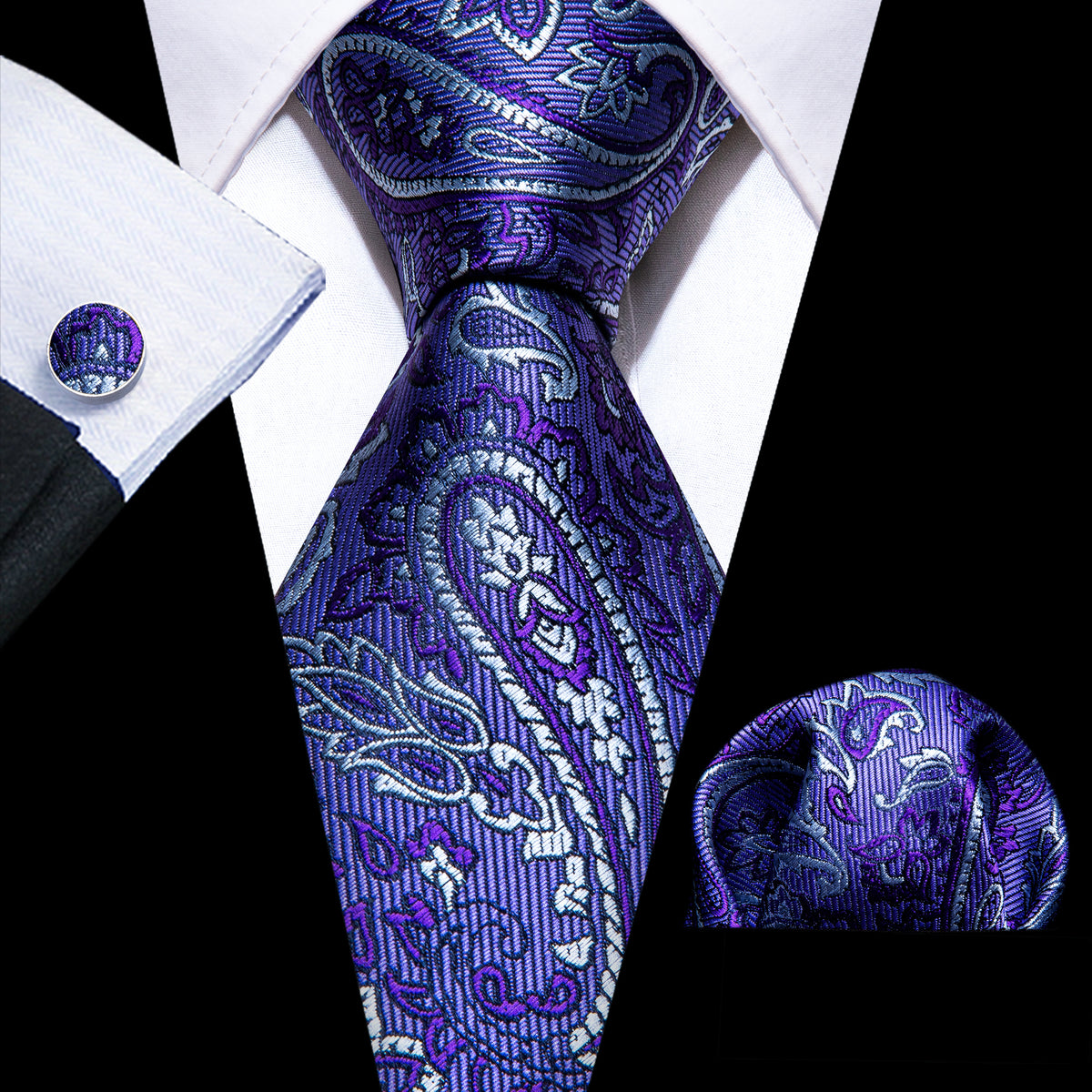 Midnight Blue Purple White Paisley Silk Tie, Pocket Square and Cufflinks Set tie sets - Sophisticated Gentlemen