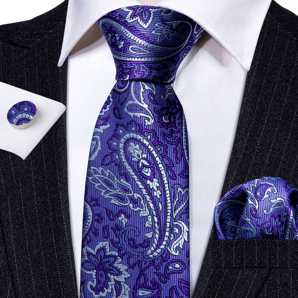 Midnight Blue Purple White Paisley Silk Tie, Pocket Square and Cufflinks Set tie sets - Sophisticated Gentlemen