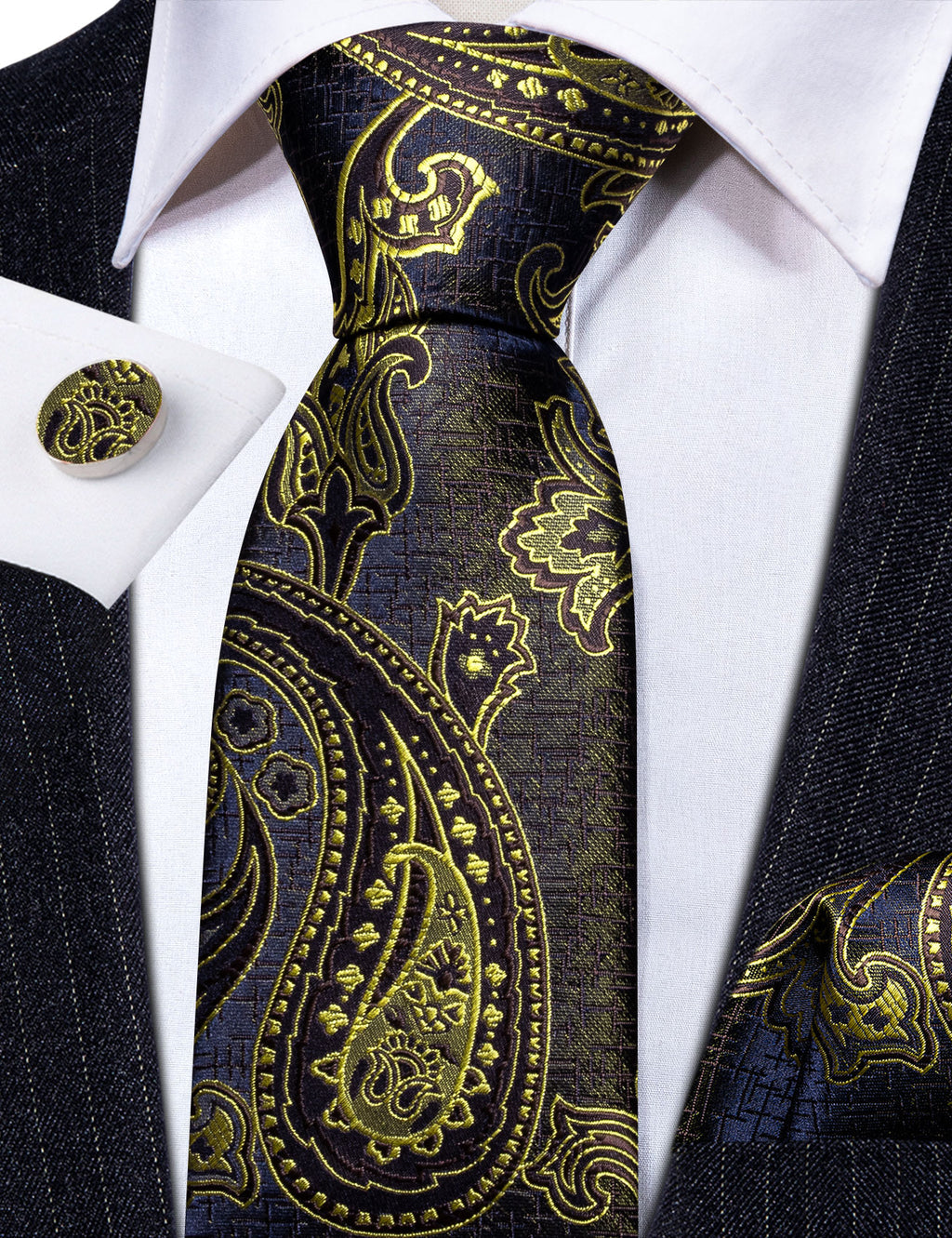 Gold Blue Silk Tie, Pocket Square and Cufflinks Set tie sets - Sophisticated Gentlemen