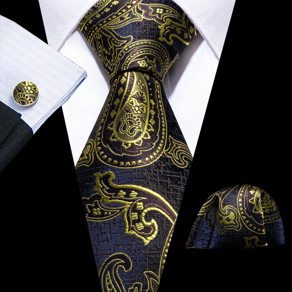 Gold Blue Silk Tie, Pocket Square and Cufflinks Set tie sets - Sophisticated Gentlemen