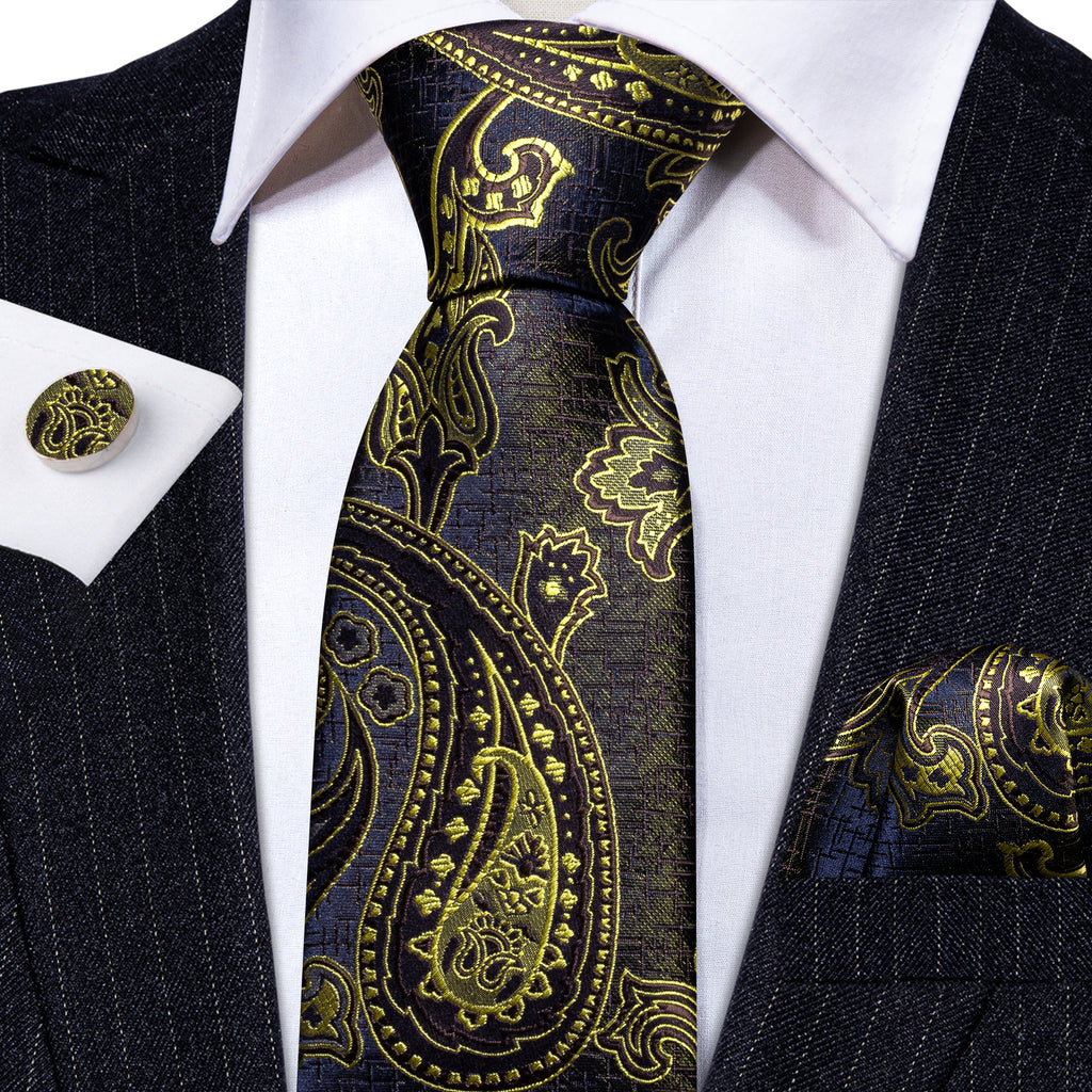 Gold Blue Silk Tie, Pocket Square and Cufflinks Set tie sets - Sophisticated Gentlemen