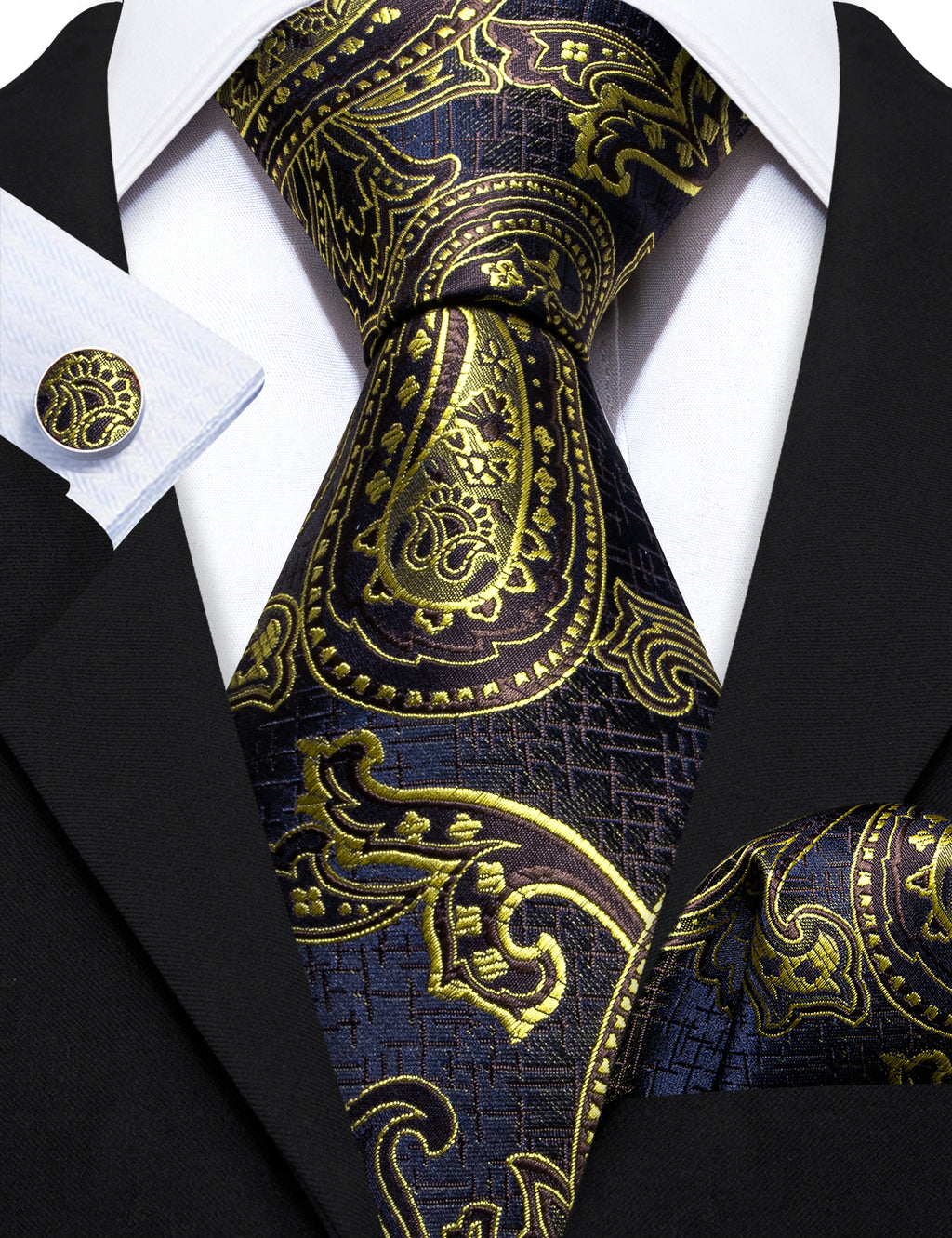 Gold Blue Silk Tie, Pocket Square and Cufflinks Set tie sets - Sophisticated Gentlemen