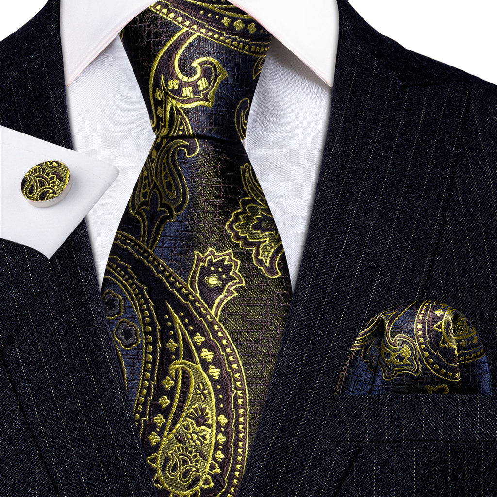 Gold Blue Silk Tie, Pocket Square and Cufflinks Set tie sets - Sophisticated Gentlemen