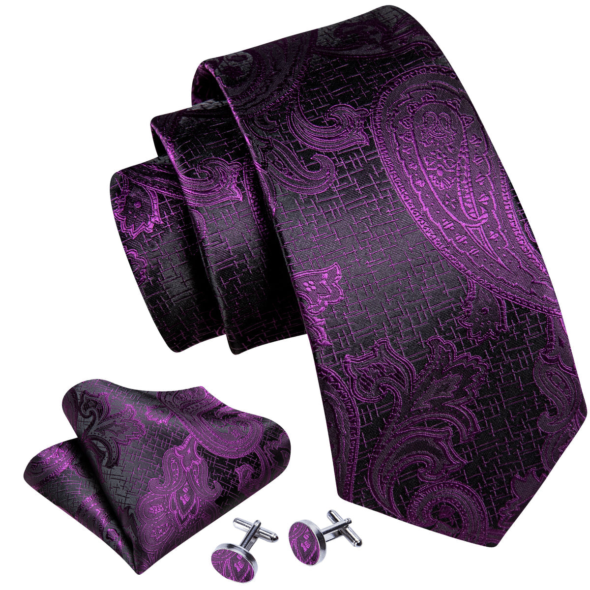 Purple Black Luxury Paisley Silk Tie, Pocket Square and Cufflinks Set tie sets - Sophisticated Gentlemen