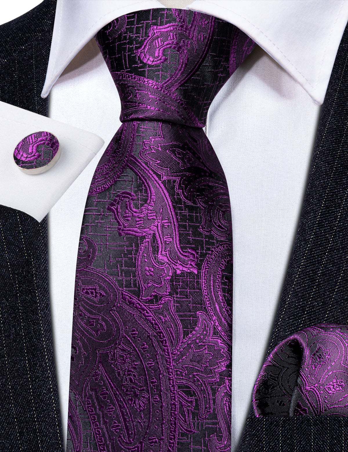 Purple Black Luxury Paisley Silk Tie, Pocket Square and Cufflinks Set tie sets - Sophisticated Gentlemen