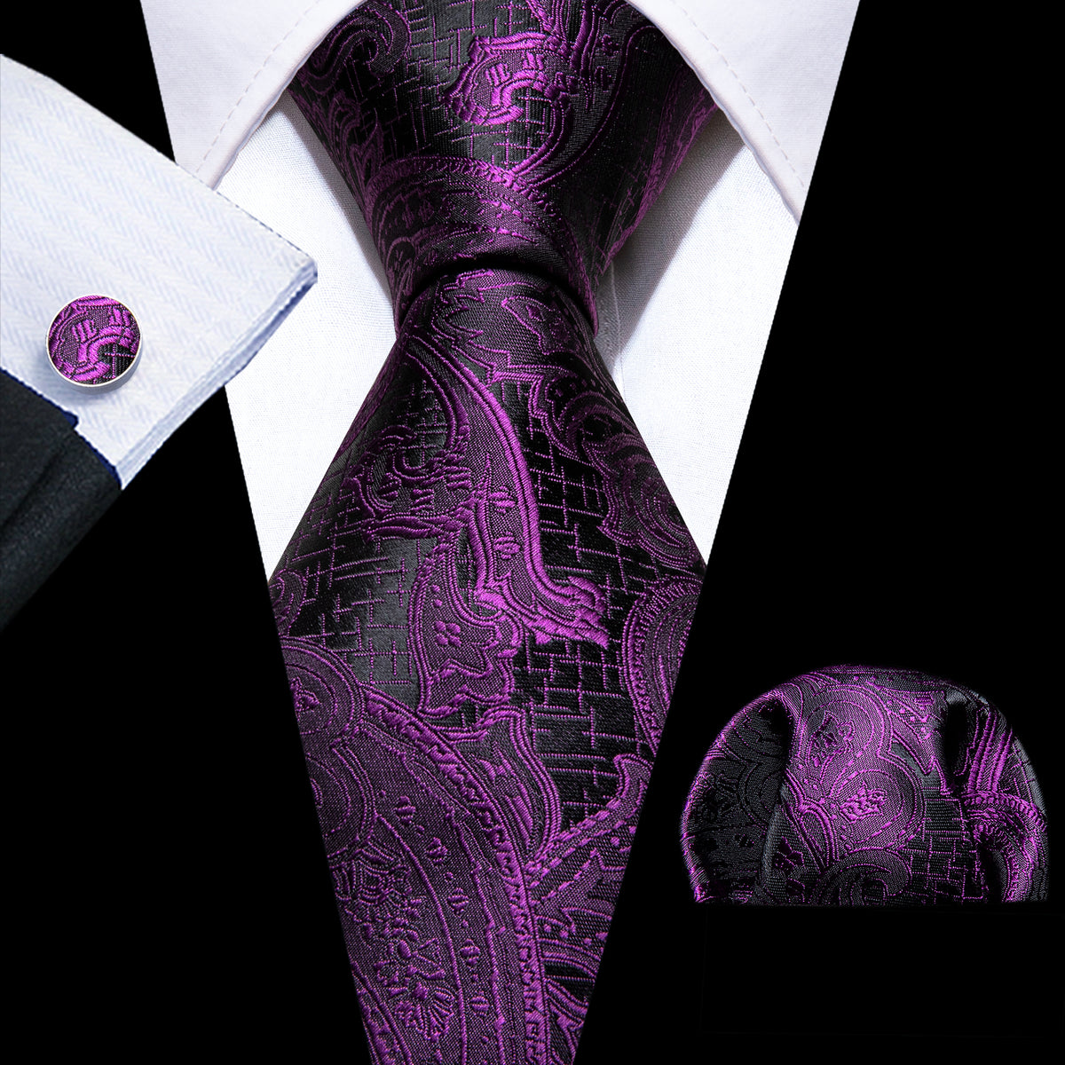 Purple Black Luxury Paisley Silk Tie, Pocket Square and Cufflinks Set tie sets - Sophisticated Gentlemen